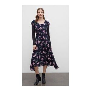 Club Monaco Soft Print Silk Midi Dress in Navy